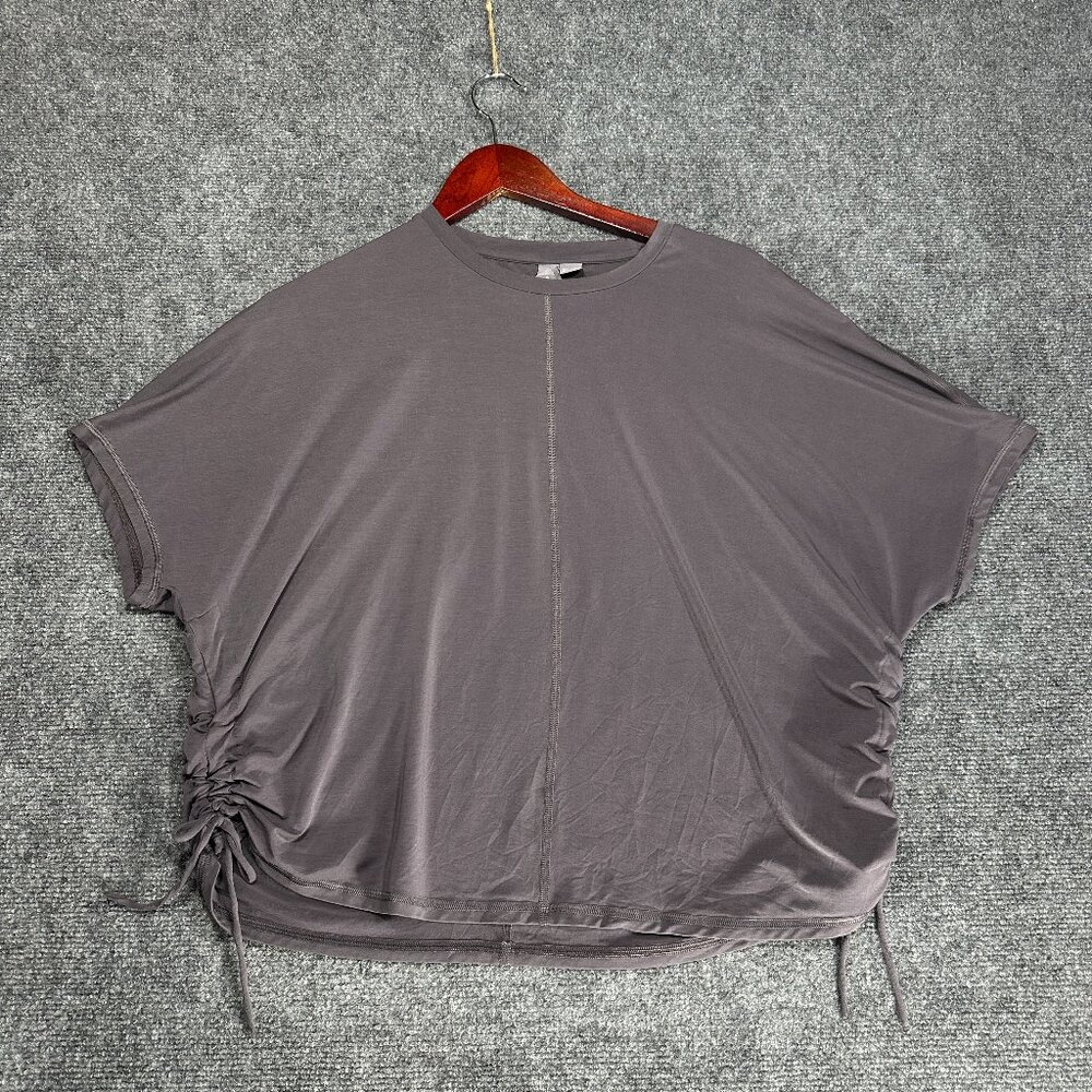 Sweaty Betty  Top Womens US 12 Gray Dolman Short Sleeve Tie Shirred Sides Crop